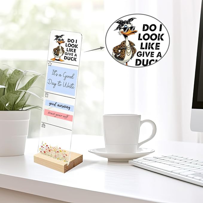 Sticky Note Holder, Monitor Memo Board, Acrylic Post It Note Holder with Wooden Base, Includes 200 Notes, Desk Organizer, Funny Duck Quote “Do I Look Like I Give A Duck”
