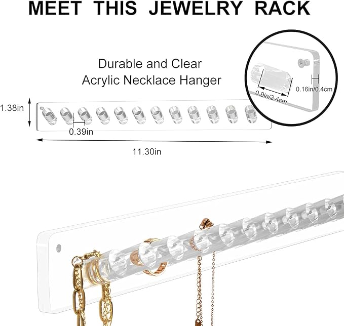 AITEE Acrylic Necklace Holder Organizer Wall Mounted with 12 Hooks, 2 PACK | 11.3x1.38, prevents tangles, hangs necklace, jewelry, bangles, bracelets, rings, for home, best gifts for girls and women