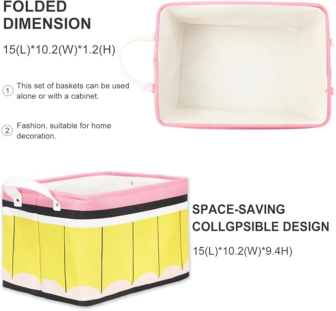 FYSUIMU Back to School Rectangle Collapsible Storage Basket Pencil Open Toy Organizer Bag with Handle 15 x 10.2 x 9.4 Inch Large Laundry Dirty Cloth Storage Bin for Books Bedroom Closet