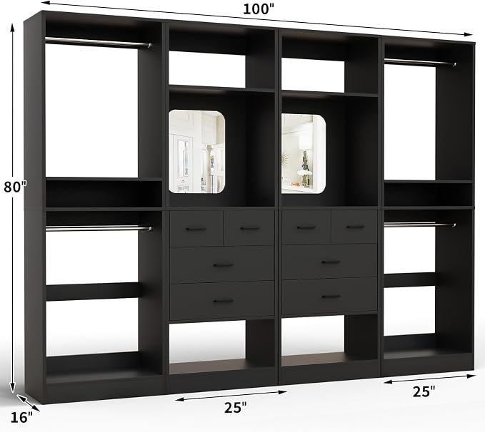 Unikito 100” Closet System with Drawers, 8.3FT Wood Closet Organizer with Hanging Rods and Mirror Design, Reversible Large Walk in Wardrobe Garment Rack with Shelves, Sturdy Closet Tower, Black