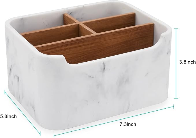 2 Pack Remote Control Holders, Desk Organizers with Dividers,White | Set of 2 resin and wood organizers with dividers for remotes, pens, glasses, and media devices on desk, table, or nightstand