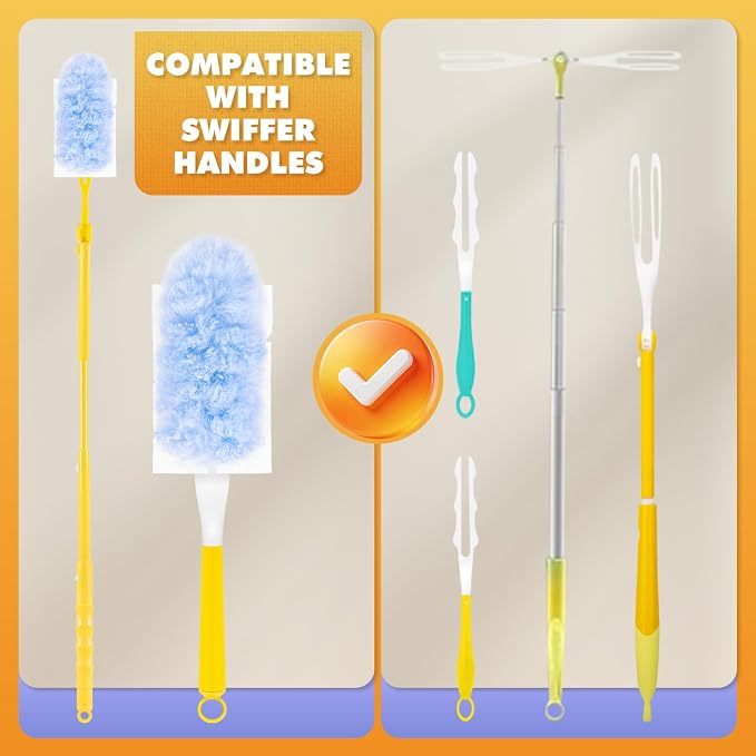 60 PCS Duster Refills for Swiffer Duster, 360 Heavy Duty Duster Refills with 3 FT Extended Handle and Short Handle, Disposable Dusters for Cleaning Ceiling Fan, Blinds, Vent, Furniture