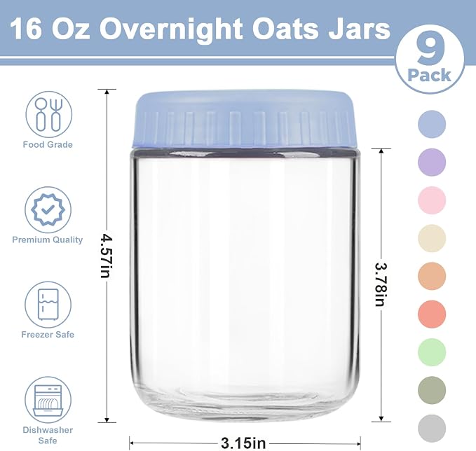 Overnight Oats Containers with Lids, 16oz Wide Mouth Mason Jars with Lids, 9 Pack Glass Jars with Airtight lid for Chia Pudding Yogurt Salad, Meal Prer Oatmeal Jars