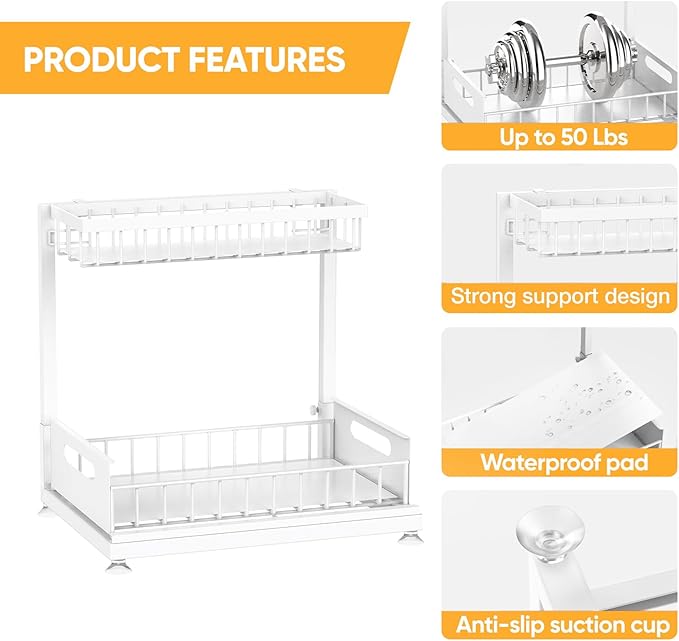 Saydear Under Sink Organizer Storage 2-Tier Premium Metal Pull-Out Kitchen Cabinet Organizer with Sliding Drawer, Height Adjustable, Heavy Duty for Kitchen & Bathroom Organizers 2 Pack White