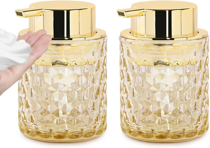 10 Oz Glass Hand Soap Dispenser with Pump, Refillable Bathroom Gold Foaming Soap Dispenser, Vintage Glass Diamond Lotion Container Bottle for Bathroom and Kitchen (2, Amber and Gold)