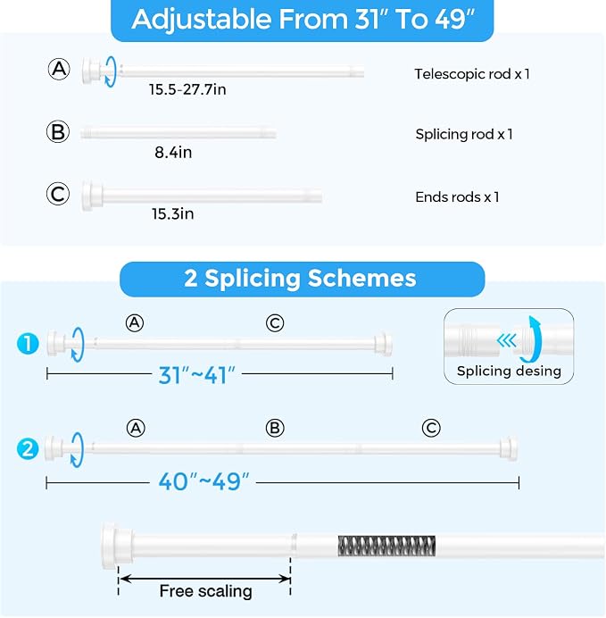 Shower Curtain Rod 31-49 Inch,7/8"Diameter Adjustable Spring Tension Curtain Rods No Drill,Ivory White Shower Tension Rod for Bathroom,Room Divider,Window,Anti-Rust Non-Slip 1-Pack