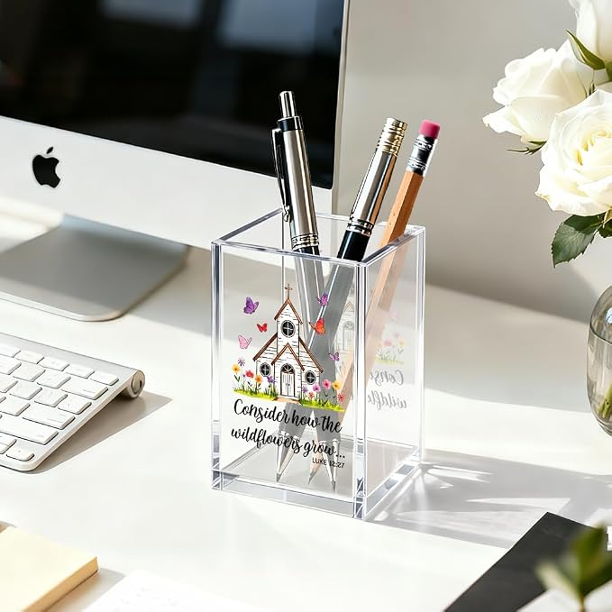Consider How The Wildflowers Grow Bible Pen Holder Makeup Organizer, Funny Christian Acrylic Pencil Pen Holder for Desk, Luke 12:27 Bible Verse Pencil Cup, Religious Gifts for Book Lover Teacher