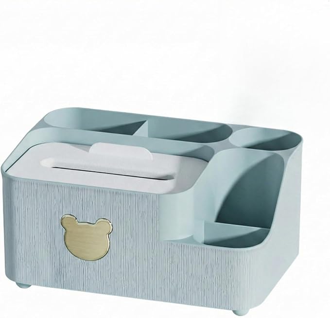 COVRA 9.5 x 6.6 x 4.7 inches Desk Organizer with Tissue Box Holder - Multifunctional Desktop Storage Caddy with Pen Holder, Cute Bear Design - Plastic (Light Blue)