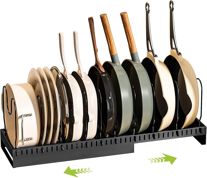 Pots and Pans Organizer Under Cabinet with Drain Board, Expandable Pot Lid Organizer inside Cabinet Holder with 10 Adjustable Compartment, Rack for Cutting Board, Sheet Pan, Cookware, Black