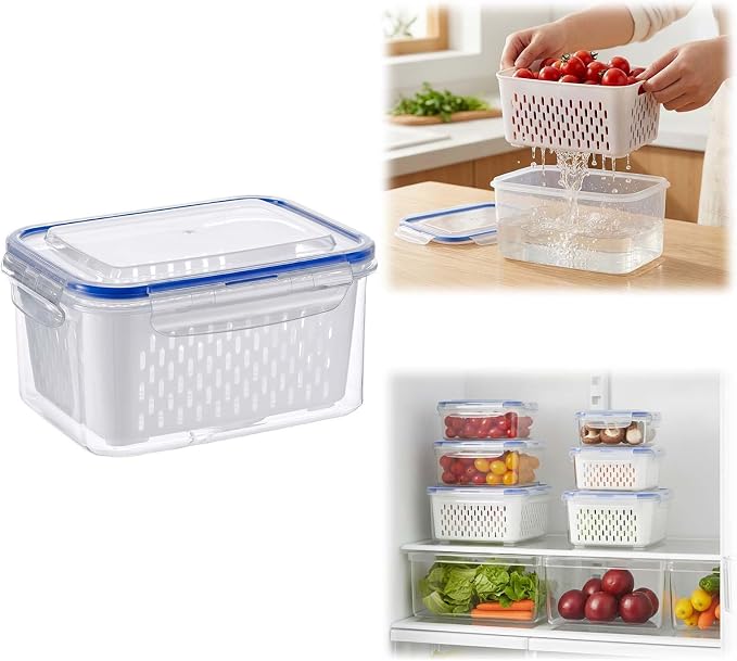 Fruit Storage Containers for Fridge with Removable Colander, Airtight Produce Storage Containers with Lids, Fridge Organizers and Storage for Berry, Fruit, Vegetables, Salad & Meal Prep (Blue, L)