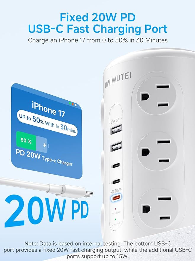 Tower Power Strip with 1 Dedicated PD 20W Fast-Charging Port, 12 Outlets, 5 USB Ports (3 USB-C), Desk Charging Station for Multiple Devices, 6FT Extension Cord, Home Office Essentials