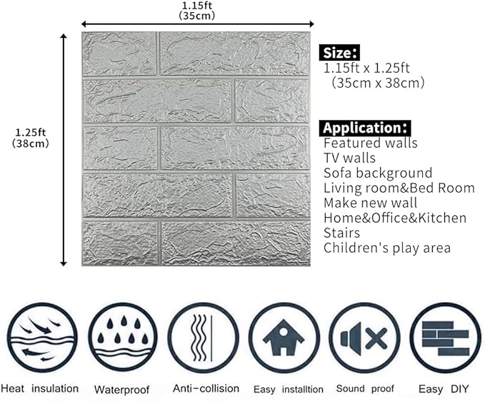10 PCS Silvery 3D Wall Panels, 14.5 sq.feet Coverage, Printable Wallpaper Sticker with Self-Adhesive Waterproof Brick PE Foam Wall Panels Peel and Stick for Interior Wall Decor, Home Decoration