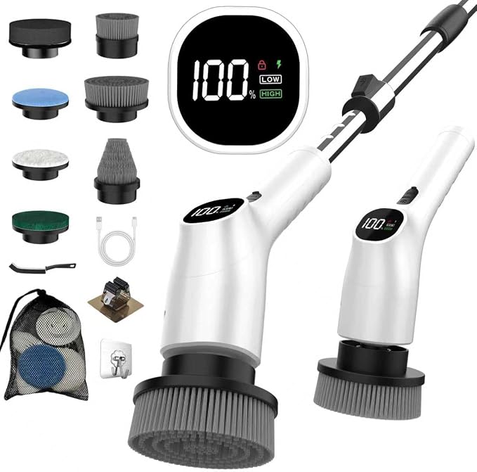 WKY-Electric Spin Scrubber - 10-in-1 Cordless Shower Scrubber & Cleaning Brush with Extendable Handle, 42 in-lbs Ultra High Torque, 2 Speeds, IPX7, LED Display, Smart AI Chip, for Bathroom, Kitchen