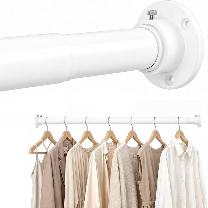 Closet Rod Adjustable 17-68”, Heavy Duty Hanging Clothes Rod, White | 1-1/4” Diameter, Stepless Metal Closet Bar, Wall-Mounted, For Hanging Clothes, Walk-In Closet, Wardrobes, Laundry Room, RV