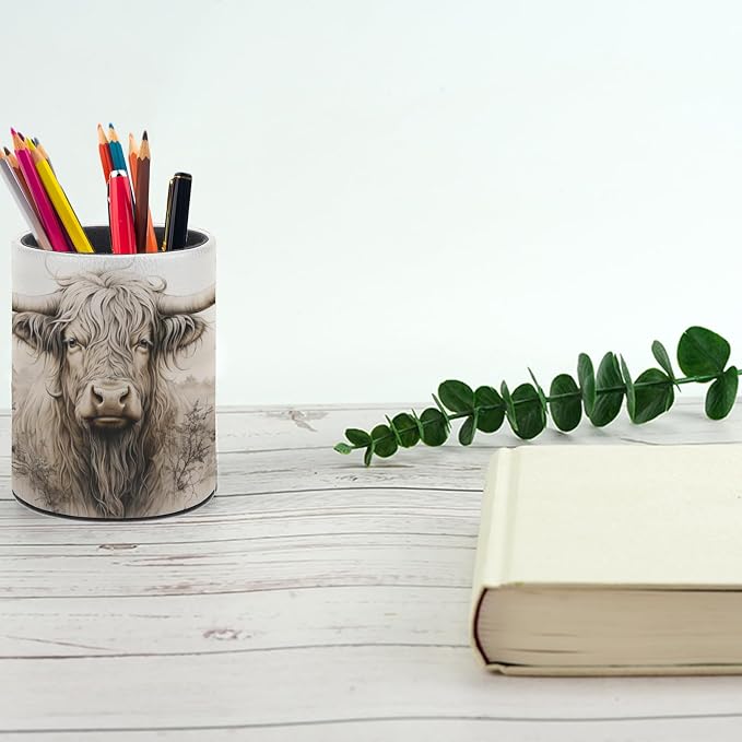 Highland Cow Pen Holder Pencil Cup for Desk Organizer | Cute Makeup Brush Holder PU Multifunctional Office Suppliesfor Decor Home Classroom School