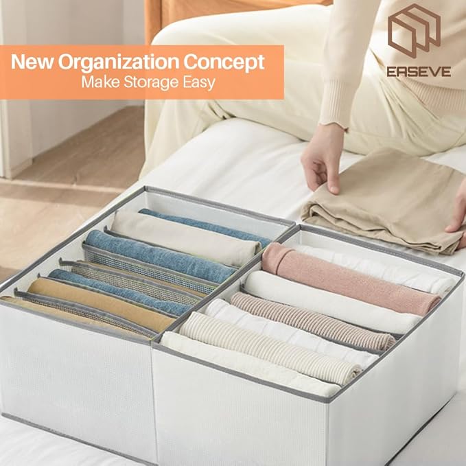 EASEVE 4 Pack Wardrobe Closet Organizer and Storage for Clothes - 7 Grids Foldable Drawer Dividers Organizers for Jeans | Pants | Shirts | Leggings, Stackable Clothing Bins for Closets Organization
