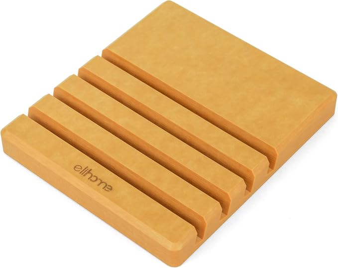 Elihome Cutting Board Organizer, 4-Slot Angled Holder — Wood Fiber Composite, Non-Slip Feet, Dishwasher Safe, Heat-Resistant 350°F, Non-Porous (Natural Wood)