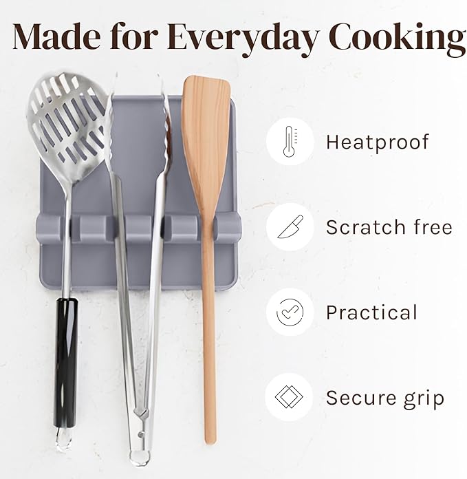 Cooler Kitchen Gray Silicone Spoon Rest for Stove Top with Drip Pad (1 Pack) - Extra Large Heat-Resistant, BPA-Free Utensil Rest for Kitchen Counter - Utensil Holder for Spatulas, Tongs, Ladles