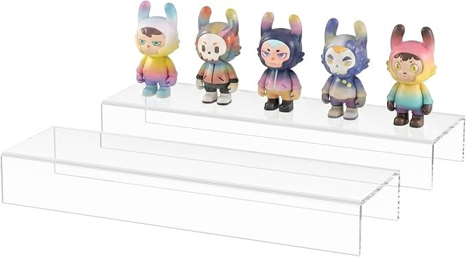 Acrylic Shelf Riser 15x4.3x2 pack of 2, Clear Display Shelf 10” for Figure, Cosmetics, Bags, Shoes, Toys, Collectibles, 15x4.3x2 Inch