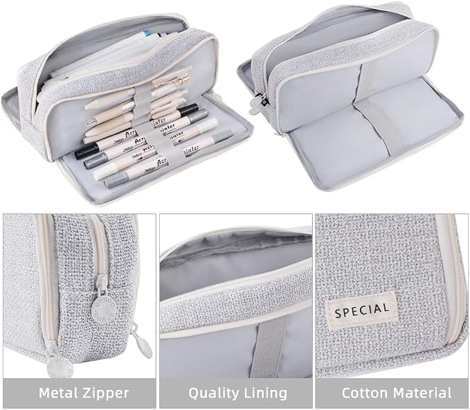 iSuperb Large Pencil Pouch 3 Compartments Pencil Case Big Capacity Pencil Bag for Kids Teen Girls Boys Student School Supplies Pen Organizer Holder Bag (Light Grey)
