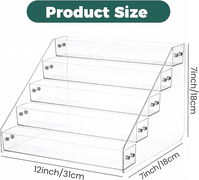 12" Acrylic Display Shelf 5 Tier Clear Spice Rack Organizer Stand | Risers Tiered, Countertop Cabinet, Pantry Kitchen, Storage, Lightweight Compact, for Kitchen Organization, Multi Purpose Tool