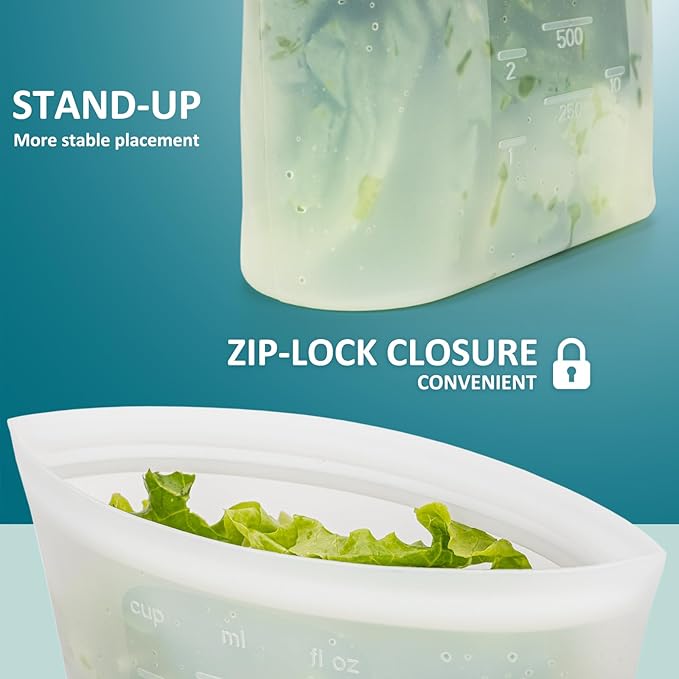 8-Pack Reusable Silicone Food Storage Bags, 100% Silicone Stand-Up Wide-Open Zip-Lock Reusable Storage Bags for Food, Freezer Microwave Oven Dishwasher Safe, Translucent, 4S 4XS