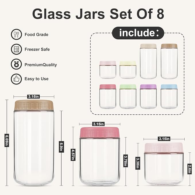 SHOWIN Overnight Oats Containers with Lids, Glass Jars with Lids 8 pcs, Wide Mouth Mason jars for Salad, Yogurt, Snacks, Meal Prep