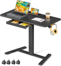 40"×20" Mobile Desk with Drawer, Rolling Desk with Storage | Height Adjustable Portable Laptop Desk on Wheels, Small Computer Desk with Cup Holder and Hooks for Study & Work, Black