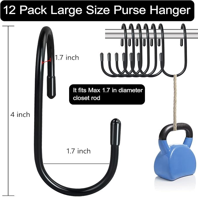 12 Pack Heavy Duty Twist Design Purse Hanger for Closet - Anti-Slip Vinyl Coated Metal 4 inch Large S Hooks, Multipurpose Organizer for Purses, Handbags, Belts, Scarves, Hats, Black