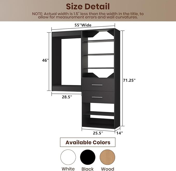 ROOMTEC Modular Closet System, 55" Wall Mounted Closet Organizer with Hanging Rods and Drawers, Wooden Tower for Walk-In Closets, Wardrobe Storage Kit, Black