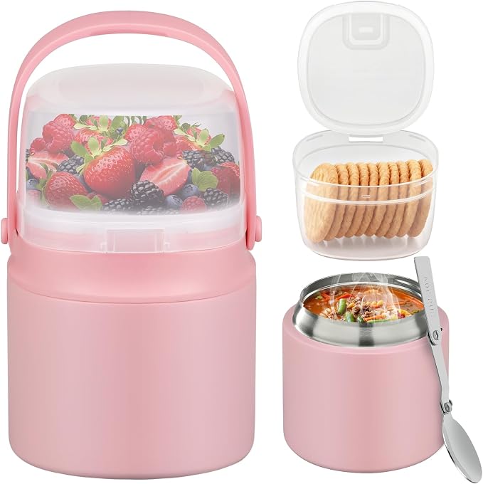 2 - in - 1 Soup Thermo for Hot Food 14oz with Snack Box Container Leak Proof Insulated Lunch Container Kids and Adults Stainless Steel Double Wall Vacuum Wide-mouth Thermal with Spoon and Handle