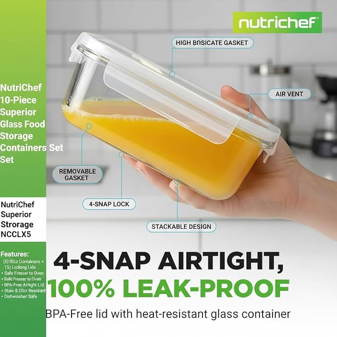 NutriChef 10-Piece Superior Glass Food Storage Containers Set (5 Containers + 5 Locking Lids),Stackable Meal-prep Design, BPA-free Airtight Clear Locking lids with Vent Lids & Air Hole, NCCLX5