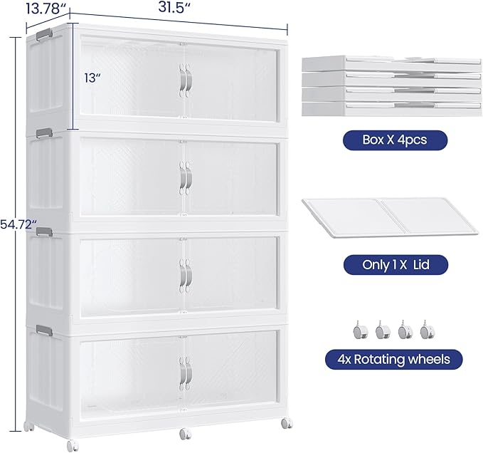 160GAL Plastic Storage Bins with Lid, 640QT Extra Large Stackable Closet Organizers and Storage, Collapsible Storage Boxes with Wheels, Folding Cabinet for Home Kitchen Office, 4Pack White