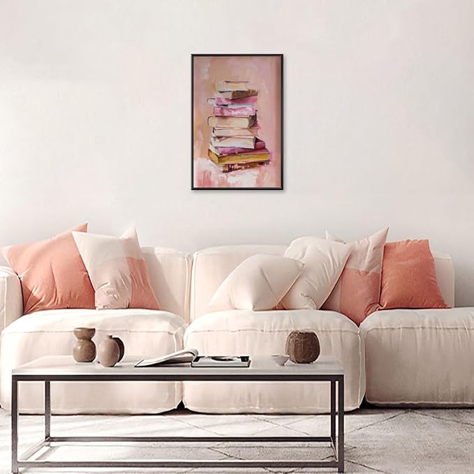 Pastel Book Stack Art Aesthetic Poster Canvas Wall Art Decoration Living Room Home Decor Bedroom Decoration Poster black framed16x24inch