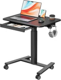 28" Mobile Standing Desk with Drawer, Portable Laptop Desk | Rolling Desk with Cup Holder & Hooks, Height Adjustable Computer Cart on Wheels for Classroom, Study Desk with Storage, Black