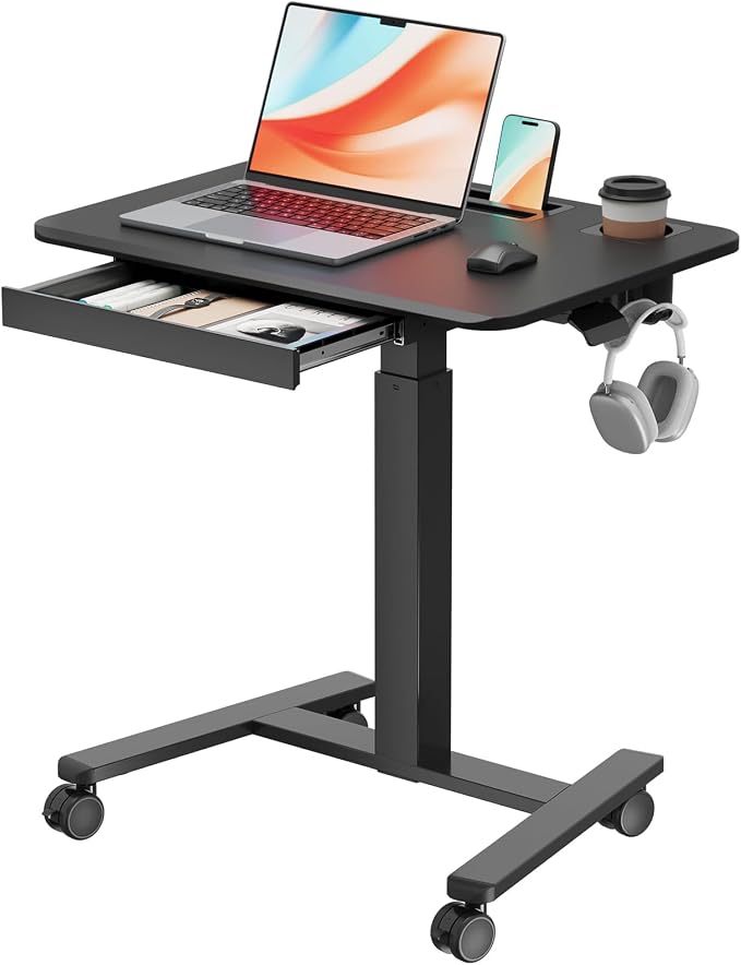 28" Mobile Standing Desk with Drawer, Portable Laptop Desk | Rolling Desk with Cup Holder & Hooks, Height Adjustable Computer Cart on Wheels for Classroom, Study Desk with Storage, Black