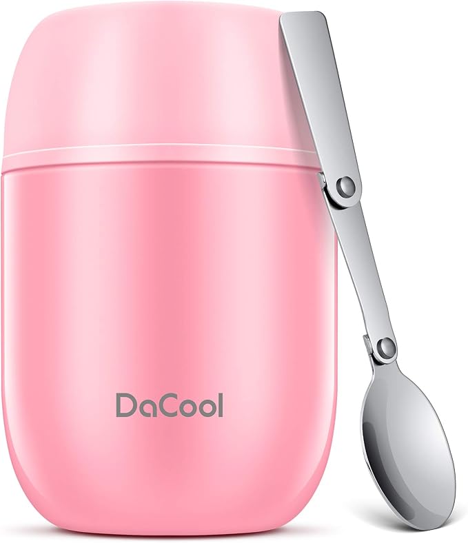 DaCool Insulated Food Jar Food Thermo Kids Thermo for Hot Food 16 oz Stainless Vacuum Bento Lunch Therm for Kids Girls Adult with Spoon Leak Proof for School Office Picnic Travel Outdoors, Pink