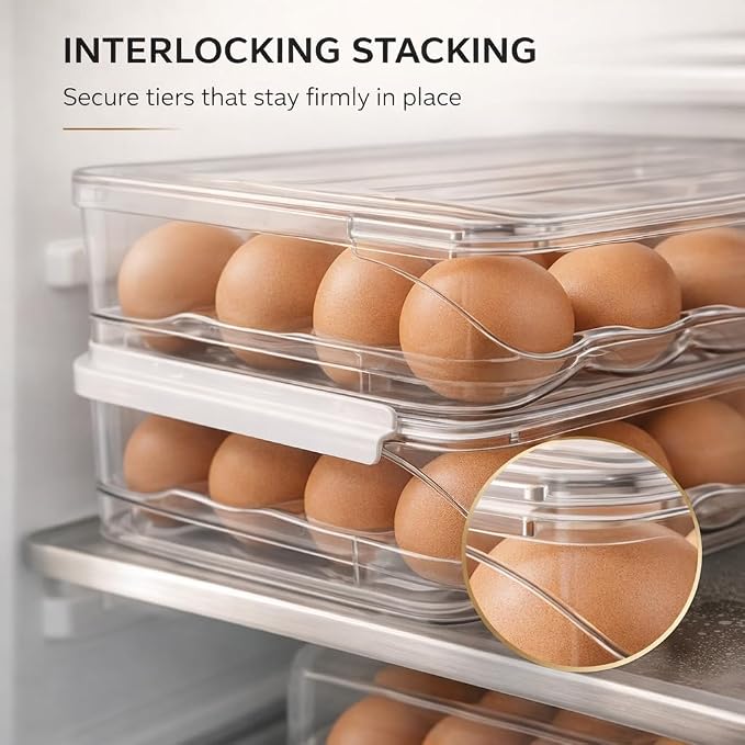 Egg Holder for Fridge with Rolling Auto Dispense, Egg Dispenser for Refrigerator, Stackable Egg Organizer for Refrigerator, Holds 54 Eggs, Clear Space Saving Storage Container for Kitchen Use