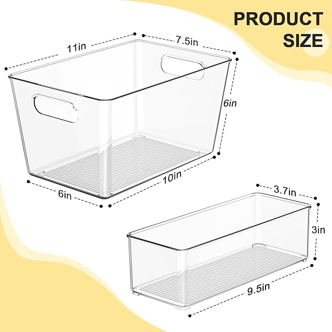 Set of 6 Clear Plastic Storage Bins, 4 Large +2 Small Pantry Organizers and Storage Containers for Kitchen Organization, Home Storage Must Haves for Office, Closet, Garage, Freezer& Bathroom
