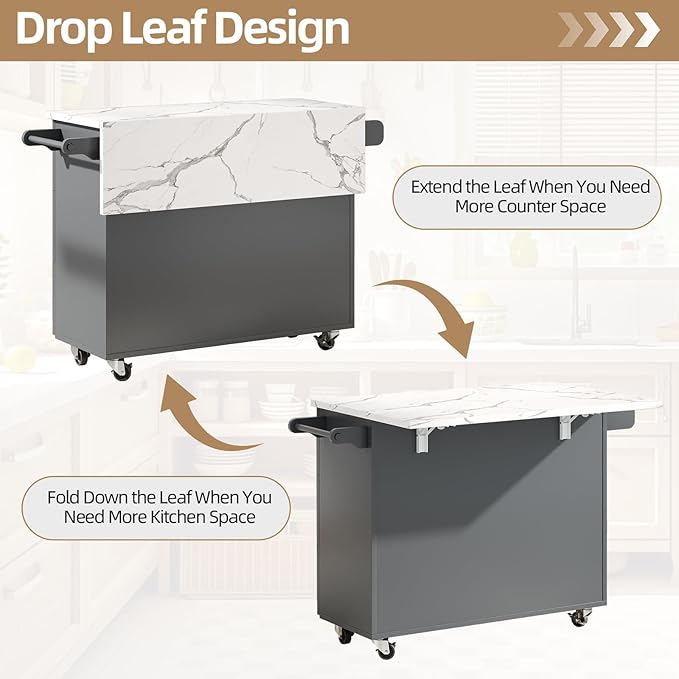 4 EVER WINNER Kitchen Island on Wheels with Storage and Drop Leaf, Faux Marble Texture Tabletop, 43" Kitchen Island Cart with Towel Rack & Spice Rack, Rolling Islands Cart for Kitchen, Gray