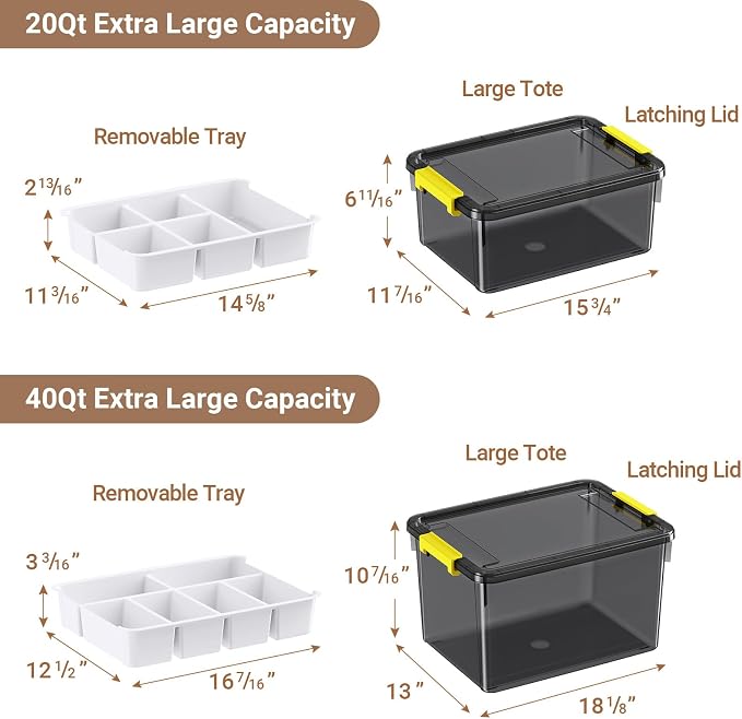 20Qt & 40Qt Stackable Storage Bins with Lids & Trays, Clear Plastic Latching Boxes Organizers with Dividers Portable Containers for Arts & Crafts,Home &Car Trunk Organization,Clear Grey,2Pack