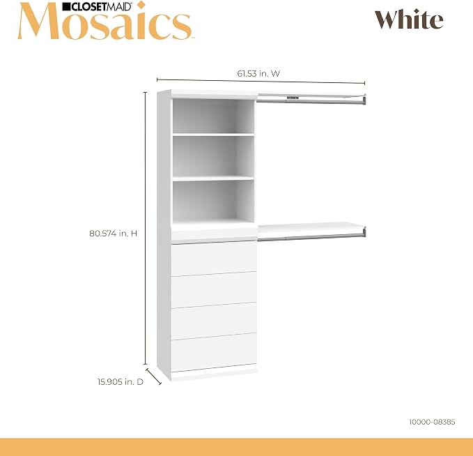ClosetMaid Mosaics Storage Organizer Kit Includes; (1) 3-Shelf Unit, (1) 4-Drawer Unit, and (2) Shelf & Rod Units, White