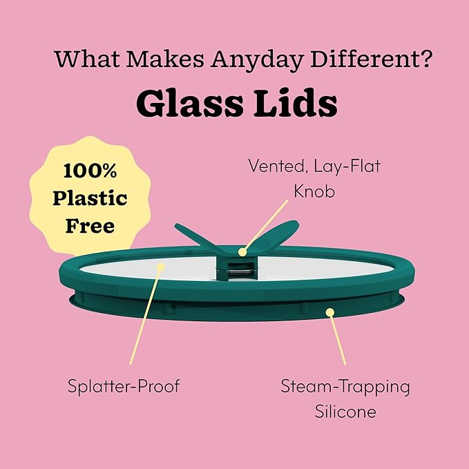 Anyday 4-Cup Glass Food Storage with Glass Lid, Round Shallow Dish | Plastic-Free Meal Prep & Microwave Cookware | Stackable Airtight Storage Container with Vented Lid for Microwave-Safe Reheating