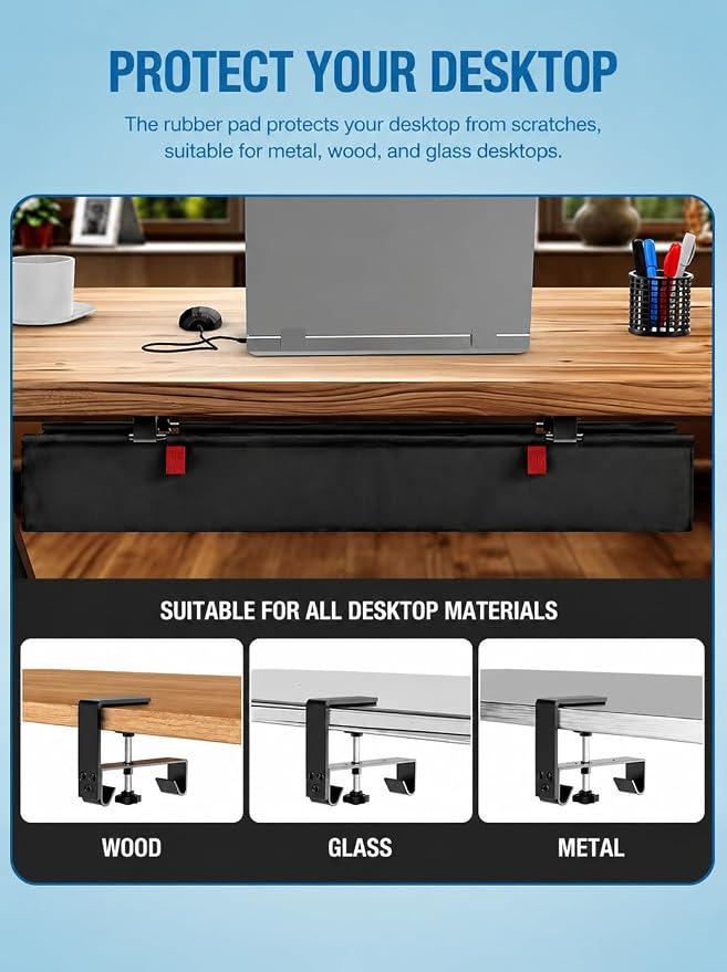 Under Desk Cable Management Tray, 90CM Extra Large, No-Drill Clamp Mount Cable Organizer, Hide Power Strips, Adapters & Wires, Easy Access Fabric Cable Basket for Standing Desks & Home Offices