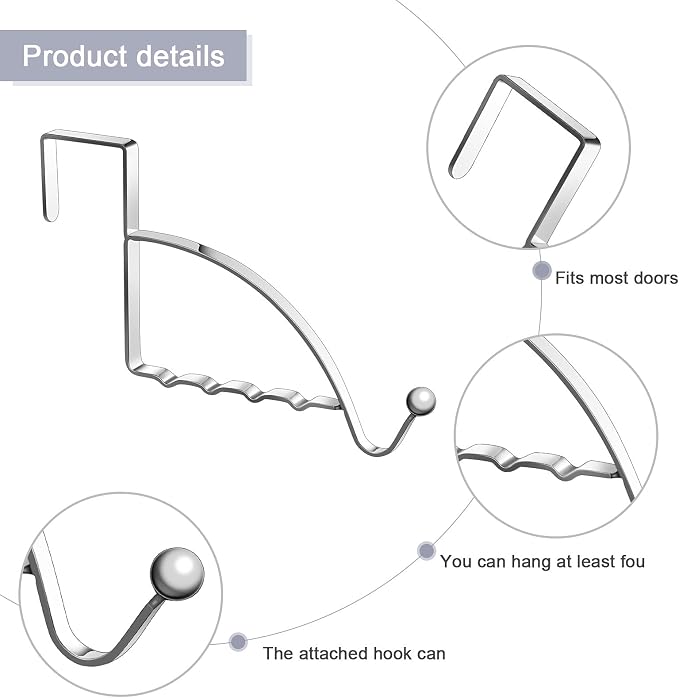 Hotop 4 Pieces Over The Door Hooks Hanger Multi Hanging Storage Organizers Valet Hooks for Coats Clothes Hoodies Hats Scarves Purses Keys Bath Towels Robes and More(Silver)