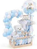 Wooden Baby Shower Crate Closet with Hanger Rack, Blue Bow Baby Gifts Basket with Balloon Accessories, DIY Babies Welcome Box for Pregnancy New Parent