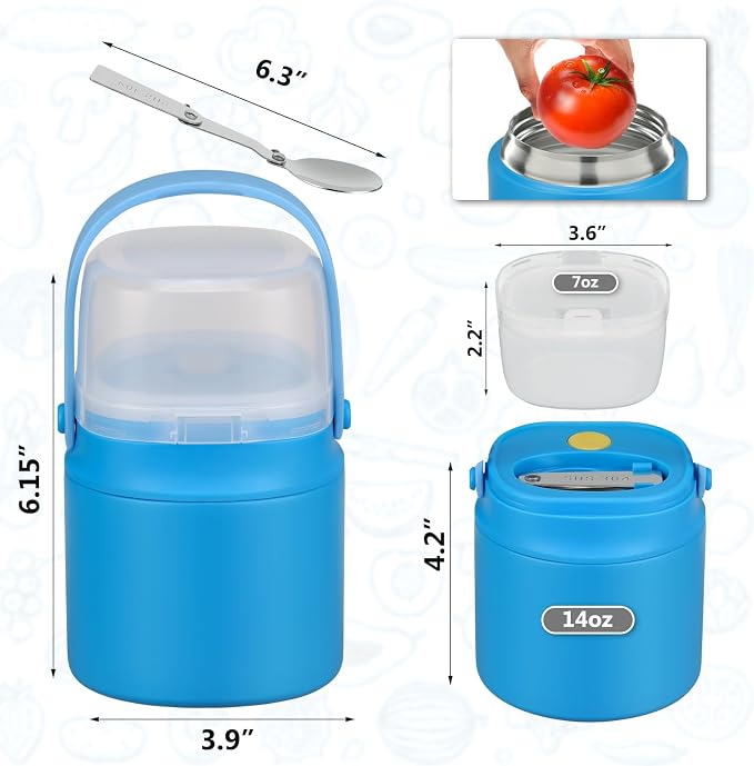 14 oz Soup Thermo for Hot Food with 7 oz Snack Container, Leak-Proof Insulated Lunch Container Kids and Adults, Stainless Steel Double Wall Vacuum Wide-mouth Thermal with Spoon and Handle-Blue