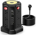 Surge Protector Power Strip Tower with 5 USB Ports and Night Light, 10FT Extension Cord with 12 AC Multiple Outlets, PASSUS Power Tower, Overload Protection for Home Office Dorm Room (Black)
