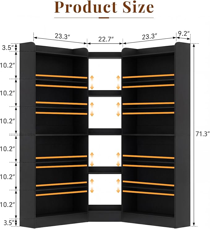 Unikito 71.3" Tall L-Shaped Corner Bookshelf, 7-Tier Bookcase, Black | Asymmetric etagere bookcase with baffle, freestanding storage organizer display shelf stand for home office, living room.