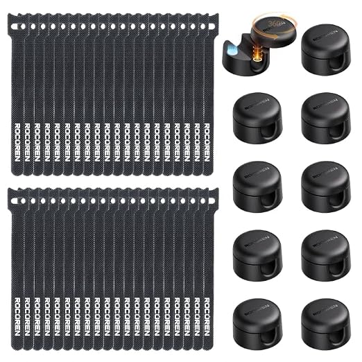 Rocoren 50 PCS Cable Management Kit, 10 Magnetic Rotatable Cable Clips & 40 Reusable Hook and Loop Cord Straps, Cord Holder Organizer Accessories for Under Desk, Nightstand, Home & Office